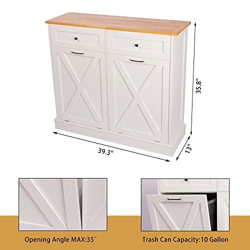 TOLEAD Farmhouse Style Kitchen Trash Cabinet, Double Tilt Out Trash Can Cabinet with Barn Door, Solid Wood Tabletop, Pet Proof, Odor Blocking, Laundry Cabinet Keep Clean