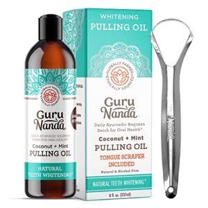 gurunanda oil pulling (8 fl.oz) with coconut oil and peppermint oil for oral health, healthy teeth and gums, mouthwash alcohol free, teeth whitening, helps with bad breath and freshens mouth