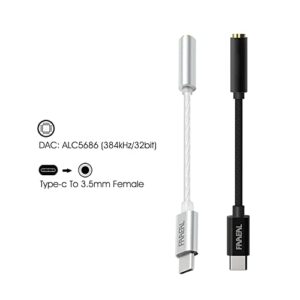 FAAEAL Type-C to 3.5mm DAC Cable Decoding Headphone Converter Gold-Plated Female Seat Earphone Amplifier Braided/Silver-Plated Wire Audio Adapter for Win10 Android Tablet PC Earphones (Silver)