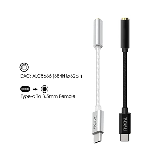 FAAEAL Type-C to 3.5mm DAC Cable Decoding Headphone Converter Gold-Plated Female Seat Earphone Amplifier Braided/Silver-Plated Wire Audio Adapter for Win10 Android Tablet PC Earphones (Silver)