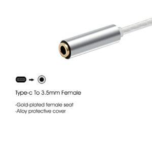 FAAEAL Type-C to 3.5mm DAC Cable Decoding Headphone Converter Gold-Plated Female Seat Earphone Amplifier Braided/Silver-Plated Wire Audio Adapter for Win10 Android Tablet PC Earphones (Silver)