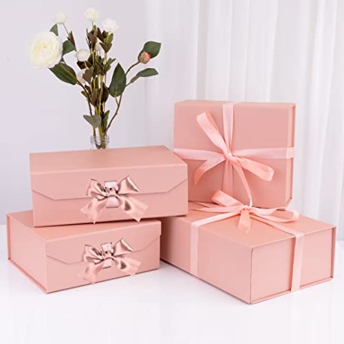 MUMUPACK 5 Pink Gift Boxes with Lid for Presents 8x7x3.3 Inches with Ribbon and Magnetic Closure, Collapsible Matte Textured Finish Box for Mother's Day, Birthdays, Bridal Gifts,Weddings