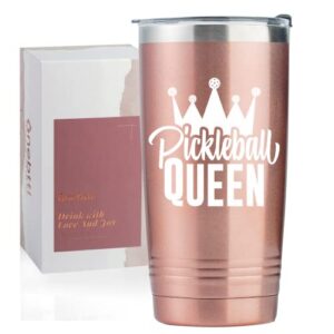 pickleball gifts for women, gifts for pickleball lovers, pickleball accessories, pickleball queen, rose gold insulated 20oz stainless steel travel tumbler with straw, brush, lid, and gifts box