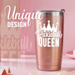 Pickleball Gifts for Women, Gifts for Pickleball Lovers, Pickleball Accessories, PICKLEBALL QUEEN, Rose Gold Insulated 20oz Stainless Steel Travel Tumbler with Straw, Brush, Lid, and Gifts Box