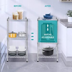 3 Tier Adjustable Wire Shelf with Wheels, 3 Tier Mobile Metal Storage Shelves with NSF Certified, Chrome Wire Rack Shelving Unit, 200Lbs Capacity, 14"D X 14"W X 28"H, For Kitchen, Pantry, Laundry