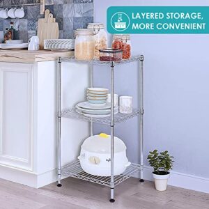 3 Tier Adjustable Wire Shelf with Wheels, 3 Tier Mobile Metal Storage Shelves with NSF Certified, Chrome Wire Rack Shelving Unit, 200Lbs Capacity, 14"D X 14"W X 28"H, For Kitchen, Pantry, Laundry
