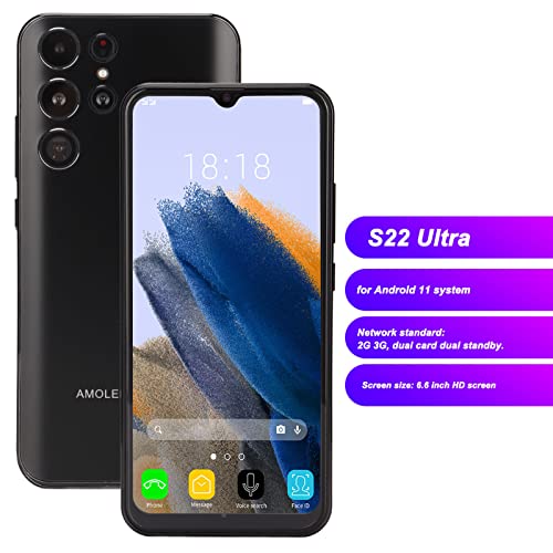S22 Ultra Unlocked Smartphone - 6.6 Inch HD Screen Smartphone 8GB 64GB Memory, Face Recognition, with Front 8MP and Rear 24MP Camera, f2.0 Aperture WiFi Cell Phone for Android 12, Black(US)