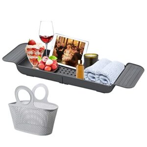 expandable caddy bath tray for tub, multifunctional drain bathtub shelf with non-slip extending grip for tub against wall, kitchen dish drying, tub organizer with foldable storage baskets