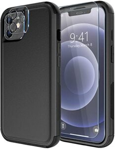 diverbox for iphone 12 case [shockproof] [dropproof] [tempered glass screen protector],heavy duty protection phone case cover for apple iphone 12 (12-black-3in1)