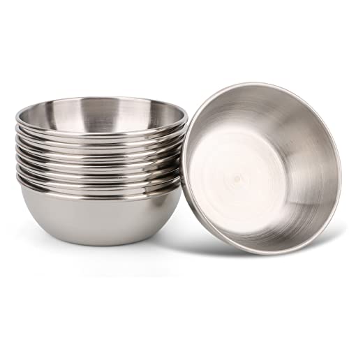 8Pcs 3.2inch Sauce Dishes Dipping Small Bowls - 2 oz Mini Stainless Steel Saucers Dish Cook Prep Side Dish Soy Sauce Sushi Dip Dishes Condiment Seasoning Serving Appetizer Plates Pinch Bowl Set