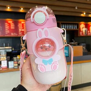 kawaii water bottle with straw and strap portable water jug cute aesthetic drinking cup for outdoor back to school, 24oz (pink bunny)