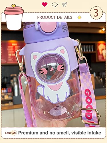 Kawaii Water Bottle with Straw and Strap Portable Water Jug Cute Aesthetic Drinking Cup for Outdoor Back to School, 24oz (Pink Bunny)