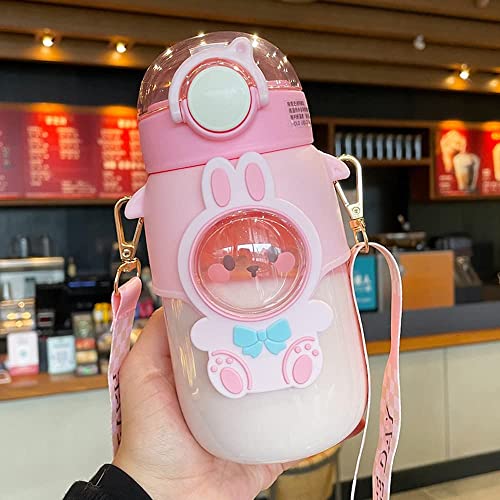 Kawaii Water Bottle with Straw and Strap Portable Water Jug Cute Aesthetic Drinking Cup for Outdoor Back to School, 24oz (Pink Bunny)