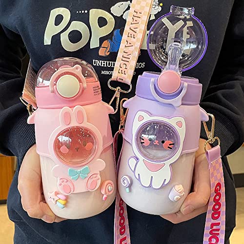 Kawaii Water Bottle with Straw and Strap Portable Water Jug Cute Aesthetic Drinking Cup for Outdoor Back to School, 24oz (Pink Bunny)