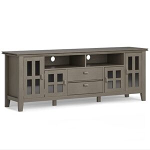 simplihome artisan solid wood 72 inch wide contemporary tv media stand in farmhouse grey for tvs up to 80 inches