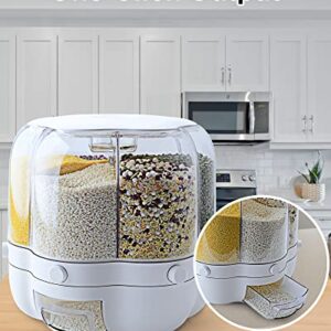 WOWFUNNY Grain Dispenser, 7.2 Qt Rotating Rice Dispenser Storage Container, 6-Compartment Dry Food Dispenser with Measuring Cup, Food Storage Containers for Kitchen Small Grains, Beans, Rice (7.2Qt)