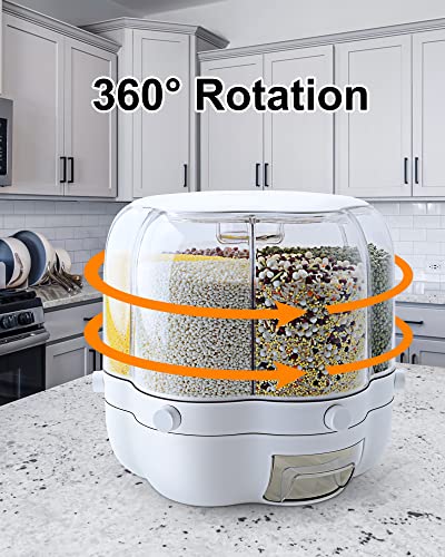 WOWFUNNY Grain Dispenser, 7.2 Qt Rotating Rice Dispenser Storage Container, 6-Compartment Dry Food Dispenser with Measuring Cup, Food Storage Containers for Kitchen Small Grains, Beans, Rice (7.2Qt)