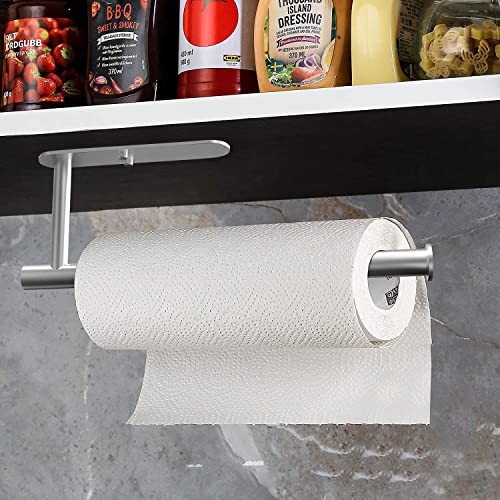 ADLOTRIS Self-Adhesive Metal Paper Towel Holder Under Cabinet in Home & Kitchen, Holders Wall Mount Hanger for Bathroom, Papel Toalla Cocina, SUS304 Stainless Steel(White, Black) (Sliver), TUO335