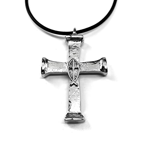 Horse Nails Rhodium Metal Finish Cross Pendant Black Rubber Cord Necklace