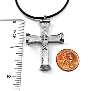 Horse Nails Rhodium Metal Finish Cross Pendant Black Rubber Cord Necklace