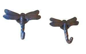 2 pc cast iron dragonfly wall hooks with hardware rustic brown