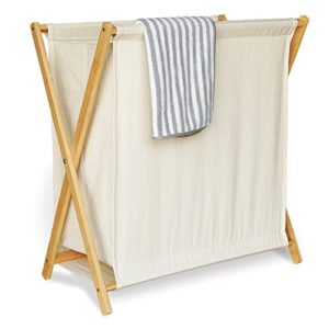 bellglee collapsible bamboo wood laundry hamper, wooden x frame foldable laundry basket, clothes sorter organizer with linen canvas laundry bag for bedroom or bathroom