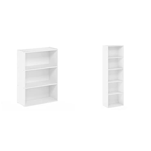 Furinno Pasir 3-Tier Open Shelf Bookcase, Plain White & Luder Bookcase / Book / Storage , 5-Tier, White