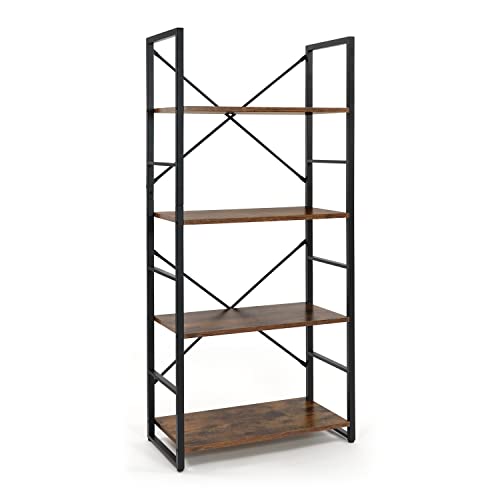 Fencer Wire 4 Tier Free Standing Shelf, 24 Inch Width Bookshelf, Bookcase Shelf Storage Organizer, Industrial Book Shelves for Home Office, Living Room, Kitchen, Rustic Oak Vintage Board, Metal Frame