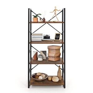 Fencer Wire 4 Tier Free Standing Shelf, 24 Inch Width Bookshelf, Bookcase Shelf Storage Organizer, Industrial Book Shelves for Home Office, Living Room, Kitchen, Rustic Oak Vintage Board, Metal Frame