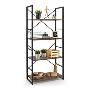 Fencer Wire 4 Tier Free Standing Shelf, 24 Inch Width Bookshelf, Bookcase Shelf Storage Organizer, Industrial Book Shelves for Home Office, Living Room, Kitchen, Rustic Oak Vintage Board, Metal Frame