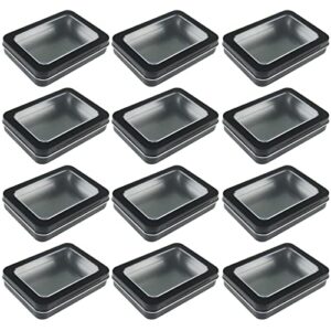 12 pack empty rectangular metal storage organizer tins with clear window hinged lids for small items and other craft projects, 4.5 x 3.3 x 0.9 inch (black)