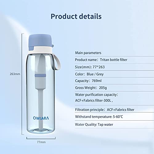OWIARA Water Bottle with Filter for Drinking, 26 Ounces 3-Stage Water Filter Bottle for Outdoor Travel Camping Moutaining Backpacking Hiking (Sky Blue)