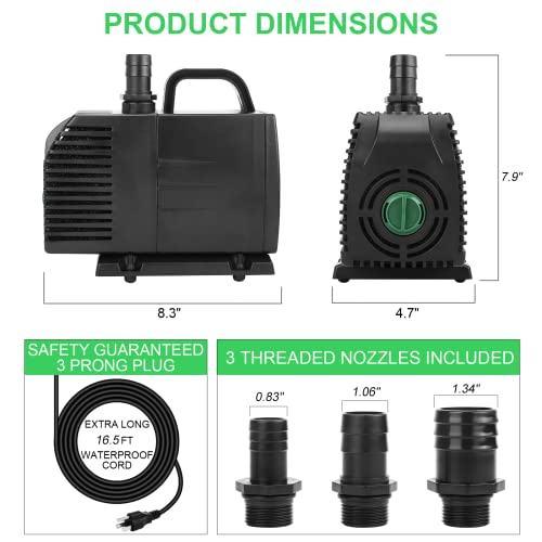 HUWLUIWA 1300 GPH Submersible Water Pump Pond Pump with 16.5ft. Power Cord, Fountain Pump with 3 Nozzles for Aquarium Fish Koi Tank Hydroponics Statuary Waterfall 100W