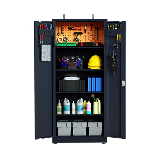 Garage Storage Cabinet 71" Tall Metal Storage Cabinet with 2 Doors and 4 Adjustable Shelf Height and Leg Levelers Includes Pegboard and Accessories for Office, Home, School, Garage