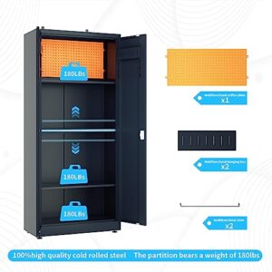 Garage Storage Cabinet 71" Tall Metal Storage Cabinet with 2 Doors and 4 Adjustable Shelf Height and Leg Levelers Includes Pegboard and Accessories for Office, Home, School, Garage