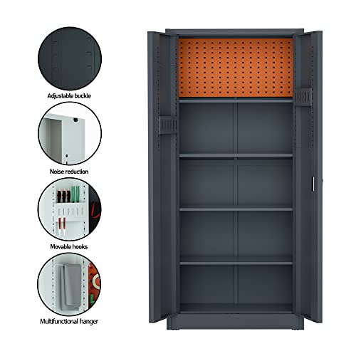 Garage Storage Cabinet 71" Tall Metal Storage Cabinet with 2 Doors and 4 Adjustable Shelf Height and Leg Levelers Includes Pegboard and Accessories for Office, Home, School, Garage