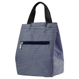 mziart insulated lunch bag for women men, foldable reusable bento lunch bag lunch box cooler waterproof lunch tote bag lunch container for work office picnic or travel (blue white stripes)