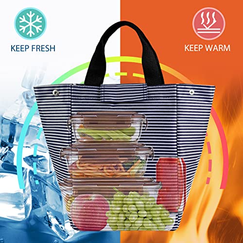 Mziart Insulated Lunch Bag for Women Men, Foldable Reusable Bento Lunch Bag Lunch Box Cooler Waterproof Lunch Tote Bag Lunch Container for Work Office Picnic or Travel (Blue White Stripes)
