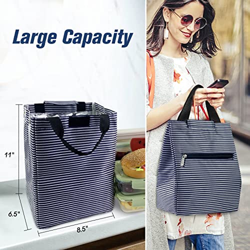 Mziart Insulated Lunch Bag for Women Men, Foldable Reusable Bento Lunch Bag Lunch Box Cooler Waterproof Lunch Tote Bag Lunch Container for Work Office Picnic or Travel (Blue White Stripes)