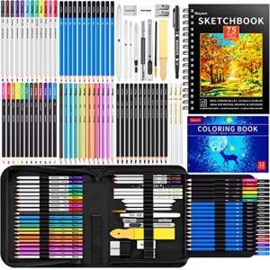 ibayam 78-pack drawing set sketching kit, pro art supplies with 75 sheets 3-color sketch pad, coloring book, colored, graphite, charcoal, watercolor, metallic pencils for artists adults kids beginners