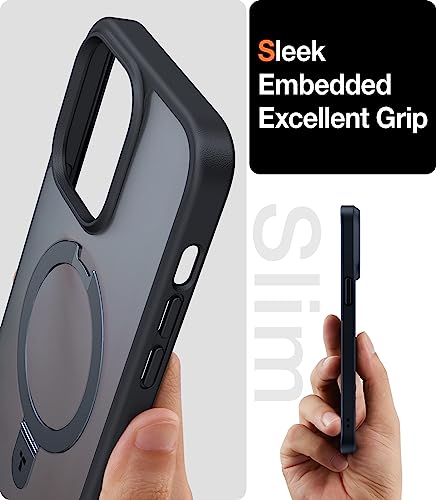 TORRAS Magnetic Shockproof for iPhone 14 Pro Case, [Exceed 3X Mil-Grade Drop Protection][Compatible with MagSafe] Built-in Foldable Stand Slim Yet Protective Phone Cover Grip Ring, Translucent Black