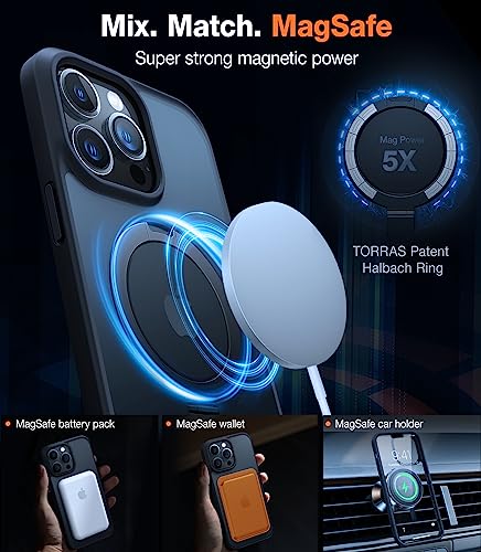 TORRAS Magnetic Shockproof for iPhone 14 Pro Case, [Exceed 3X Mil-Grade Drop Protection][Compatible with MagSafe] Built-in Foldable Stand Slim Yet Protective Phone Cover Grip Ring, Translucent Black