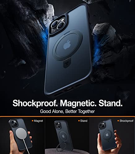 TORRAS Magnetic Shockproof for iPhone 13 Case/iPhone 14 Case, [Exceed 3X Mil-Grade Drop Protection][Compatible with MagSafe] Built-in Foldable Stand Slim Yet Protective Phone Cover, Translucent Black