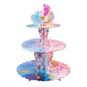 bacuthy gender reveal cupcake stand - 3 tier cardboard cup cake holder tower for boy or girl reveal decorations, baby shower birthday party supplies