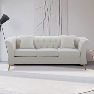 easytour chesterfield sofa, 3-seater mid century velvet upholstered couches, modern classic tufted button settee with roll arm and metal legs for living room, apartment, office, small space, white