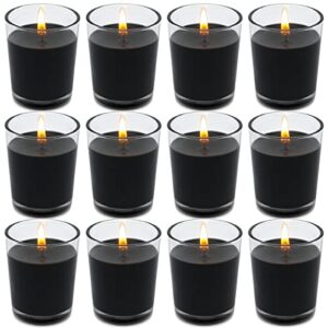 set of 12 black votive candles for halloween pumpkin, clear glass filled unscented soy wax candle for dinner, parties, home decorations and diy