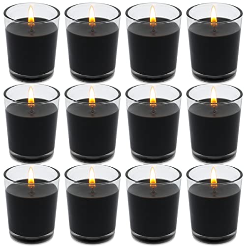 Set of 12 Black Votive Candles for Halloween Pumpkin, Clear Glass Filled Unscented Soy Wax Candle for Dinner, Parties, Home Decorations and DIY