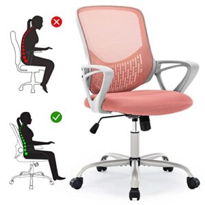 Ergonomic Home Office Chair - Mesh Mid Back Computer Desk Swivel Rolling Task Chair with Lumbar Support, Armrest, Wheels, Sponge Seat Cushions, Pink