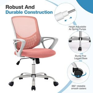 Ergonomic Home Office Chair - Mesh Mid Back Computer Desk Swivel Rolling Task Chair with Lumbar Support, Armrest, Wheels, Sponge Seat Cushions, Pink