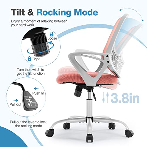 Ergonomic Home Office Chair - Mesh Mid Back Computer Desk Swivel Rolling Task Chair with Lumbar Support, Armrest, Wheels, Sponge Seat Cushions, Pink